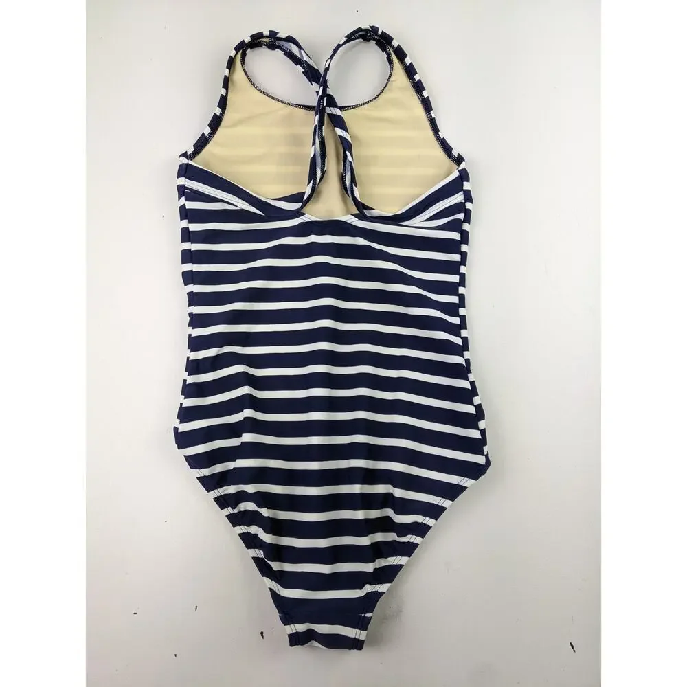 Land's End Navy & White Stripe Swimsuit Girls 8